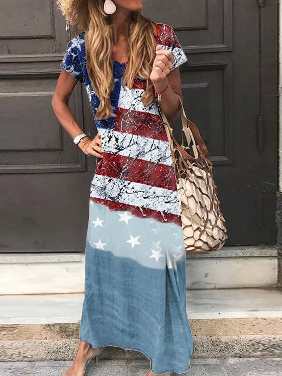 Star Print V-neck Short Sleeve Dress - LuckyFash™