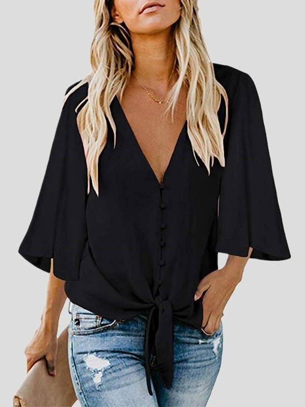 Street Hipster Bow Shirt Solid V Neck Flared Sleeve Blouse - LuckyFash™