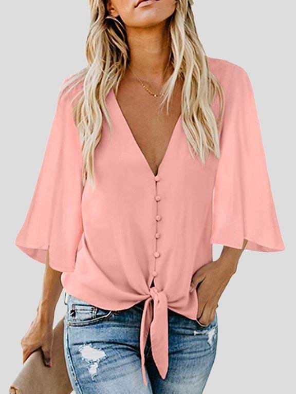 Street Hipster Bow Shirt Solid V Neck Flared Sleeve Blouse - LuckyFash™