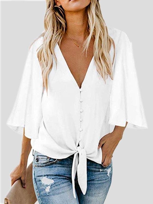 Street Hipster Bow Shirt Solid V Neck Flared Sleeve Blouse - LuckyFash™
