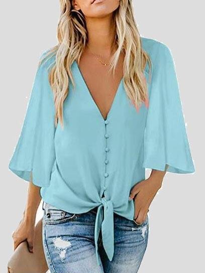 Street Hipster Bow Shirt Solid V Neck Flared Sleeve Blouse - LuckyFash™