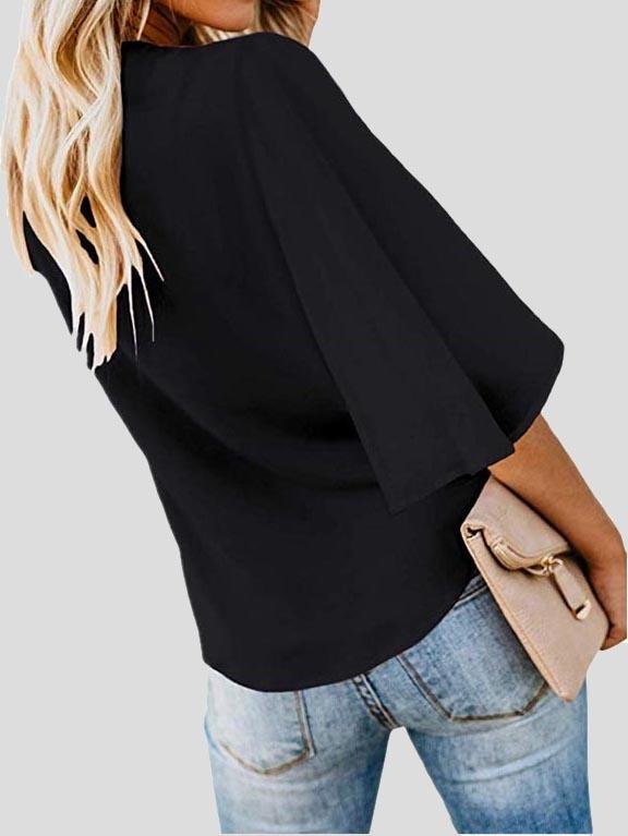 Street Hipster Bow Shirt Solid V Neck Flared Sleeve Blouse - LuckyFash™