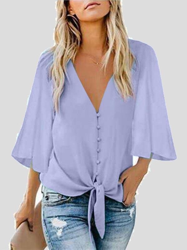 Street Hipster Bow Shirt Solid V Neck Flared Sleeve Blouse - LuckyFash™