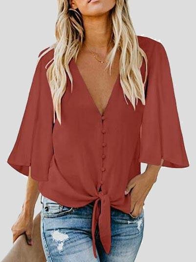 Street Hipster Bow Shirt Solid V Neck Flared Sleeve Blouse - LuckyFash™