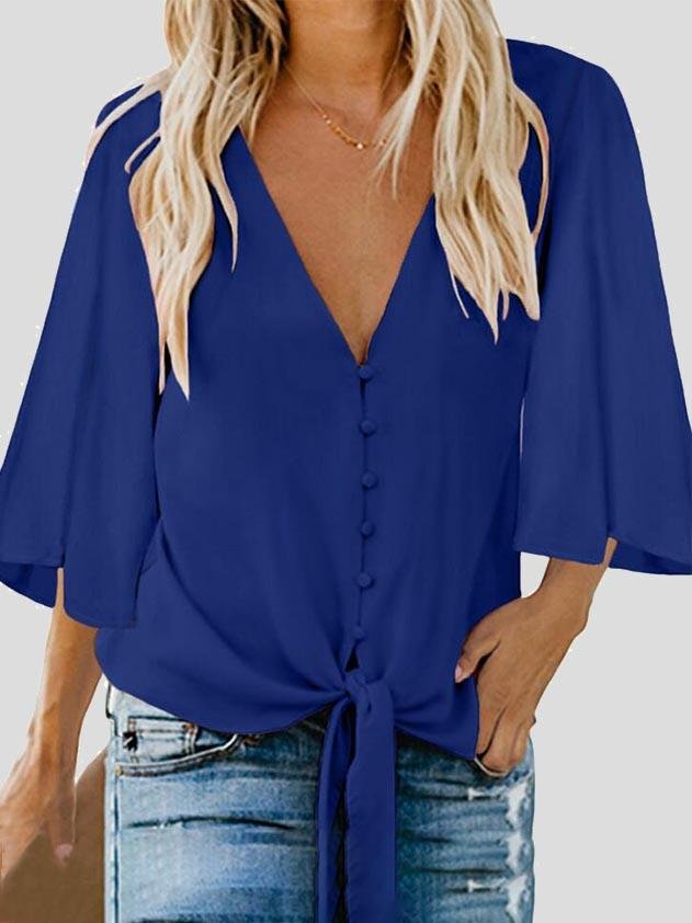 Street Hipster Bow Shirt Solid V Neck Flared Sleeve Blouse - LuckyFash™