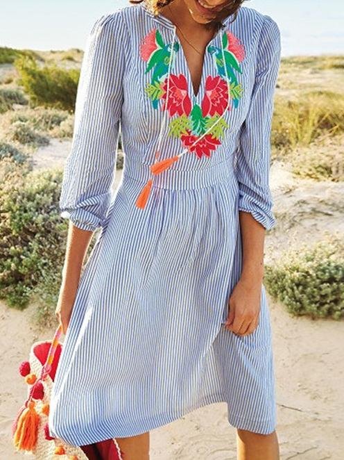 Striped Embroidered V Neck 3/4 Sleeve Dress - LuckyFash™