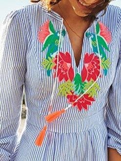 Striped Embroidered V Neck 3/4 Sleeve Dress - LuckyFash™