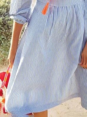 Striped Embroidered V Neck 3/4 Sleeve Dress - LuckyFash™