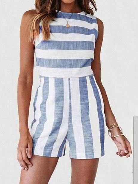 Striped Print Sleeveless Casual Rompers - LuckyFash™