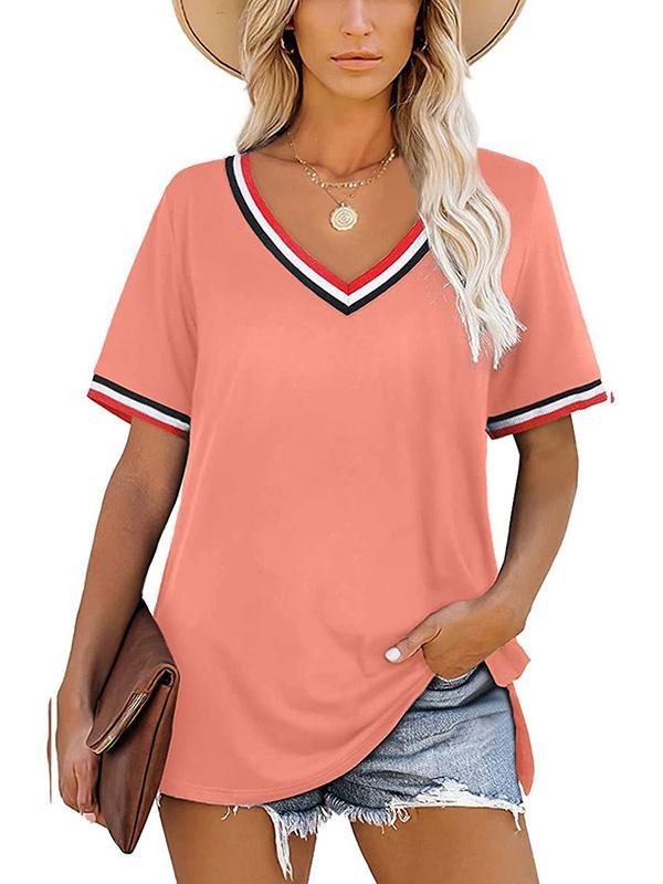 Striped Stitching Color Matching Short Sleeve V-neck T-shirt - LuckyFash™