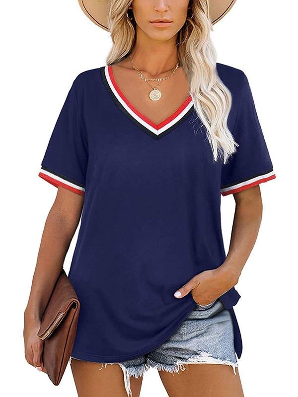 Striped Stitching Color Matching Short Sleeve V-neck T-shirt - LuckyFash™