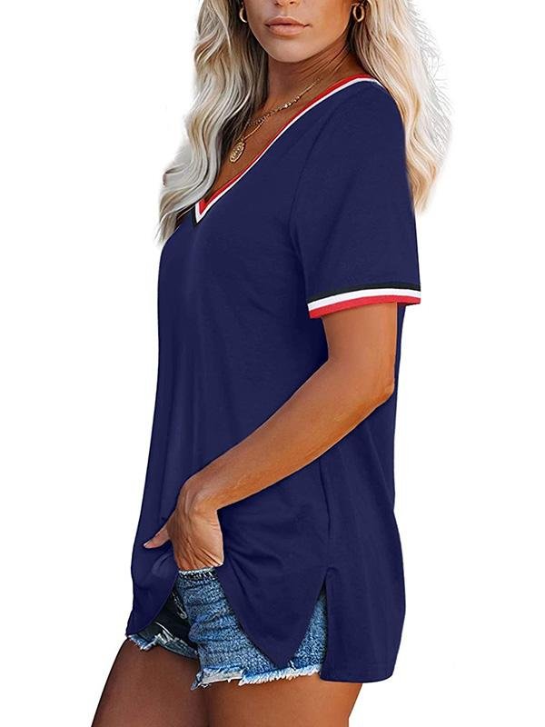 Striped Stitching Color Matching Short Sleeve V-neck T-shirt - LuckyFash™