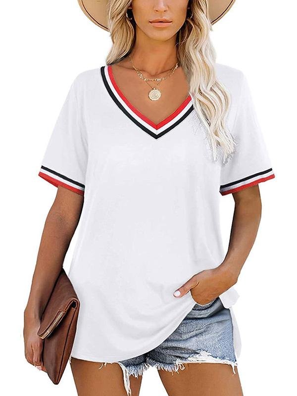 Striped Stitching Color Matching Short Sleeve V-neck T-shirt - LuckyFash™