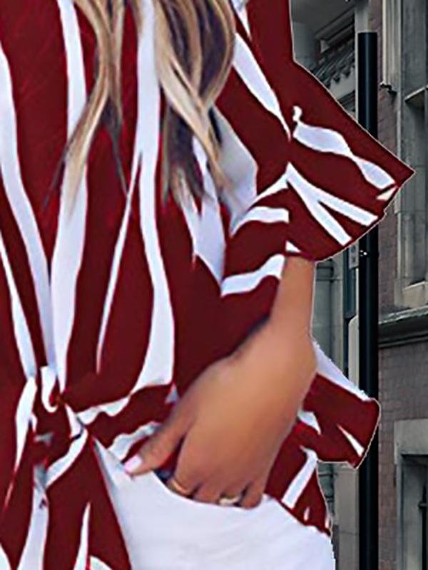 Striped Three-quarter Sleeve Print Knotted Pullover Blouse - LuckyFash™