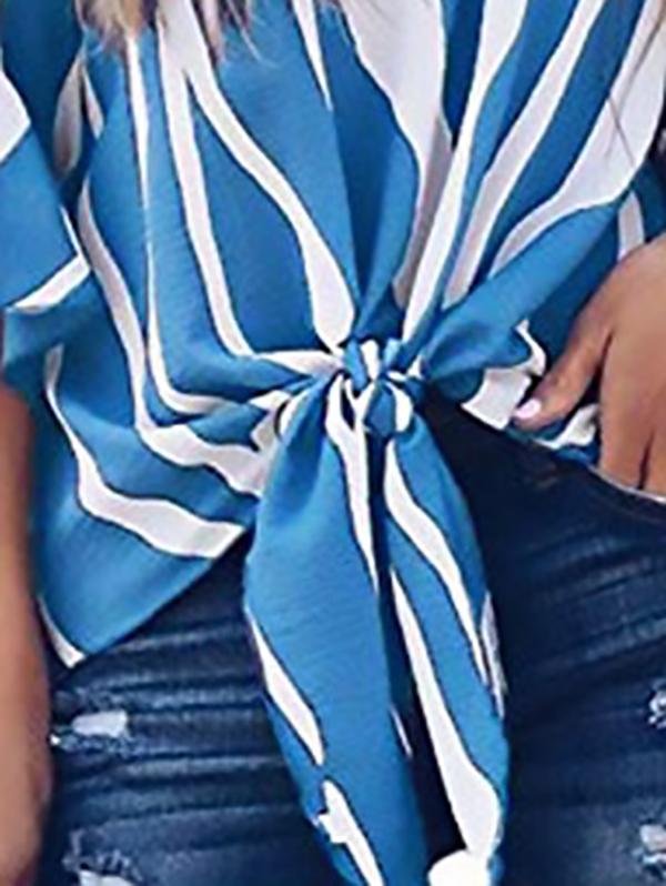 Striped Three-quarter Sleeve Print Knotted Pullover Blouse - LuckyFash™