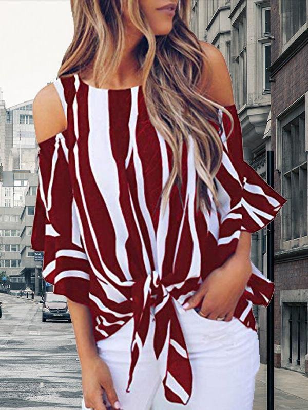 Striped Three-quarter Sleeve Print Knotted Pullover Blouse - LuckyFash™