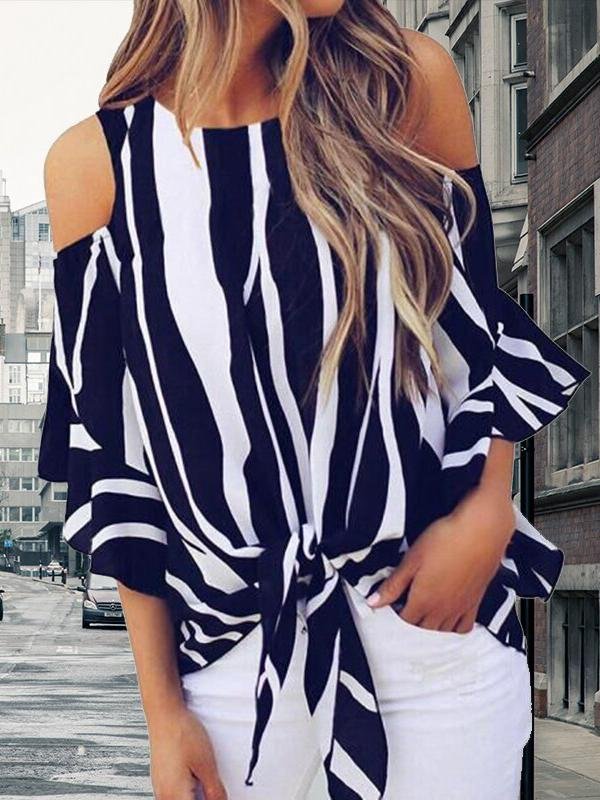 Striped Three-quarter Sleeve Print Knotted Pullover Blouse - LuckyFash™