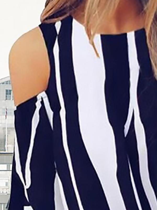 Striped Three-quarter Sleeve Print Knotted Pullover Blouse - LuckyFash™