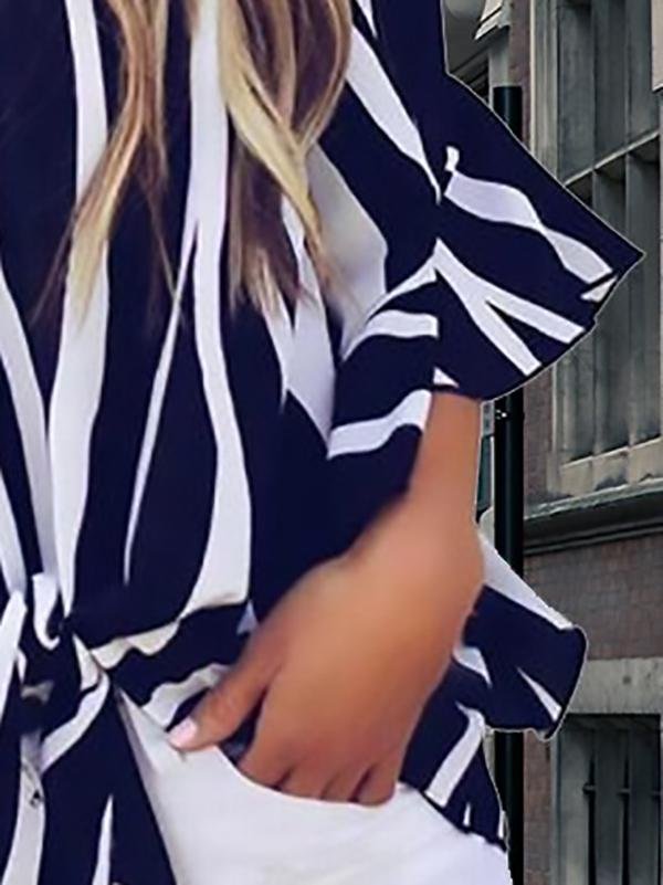 Striped Three-quarter Sleeve Print Knotted Pullover Blouse - LuckyFash™