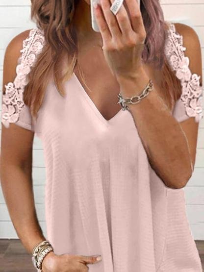 Summer Solid Lace Short-sleeved V-neck Top - LuckyFash™