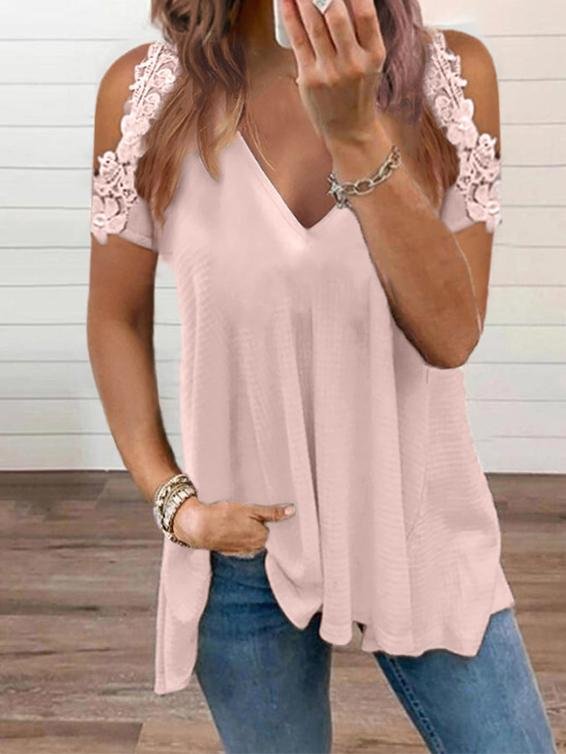 Summer Solid Lace Short-sleeved V-neck Top - LuckyFash™