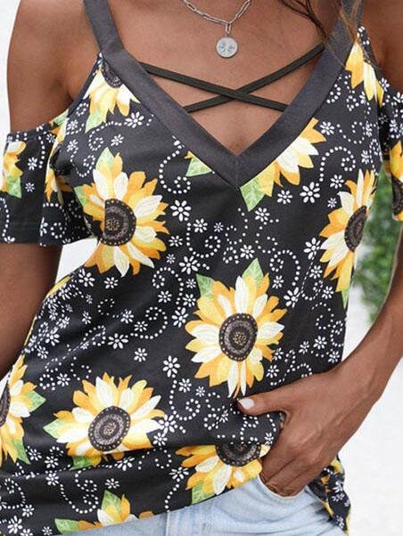 Sunflower Print Cold Shoulder Short Sleeves T-shirts - LuckyFash™