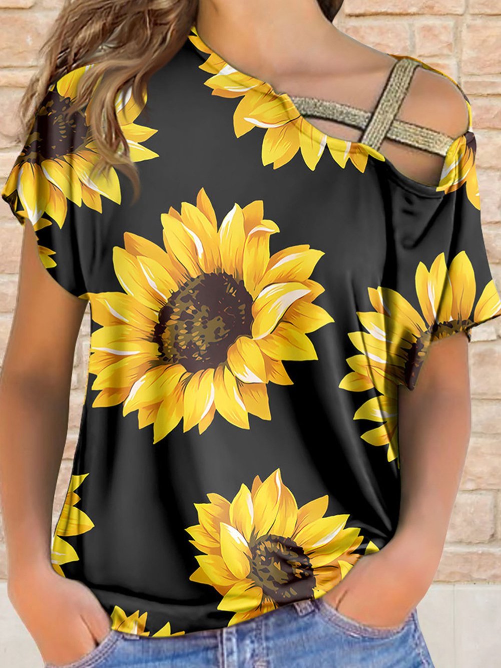 Sunflower Print Off-shoulder T-shirt - LuckyFash™