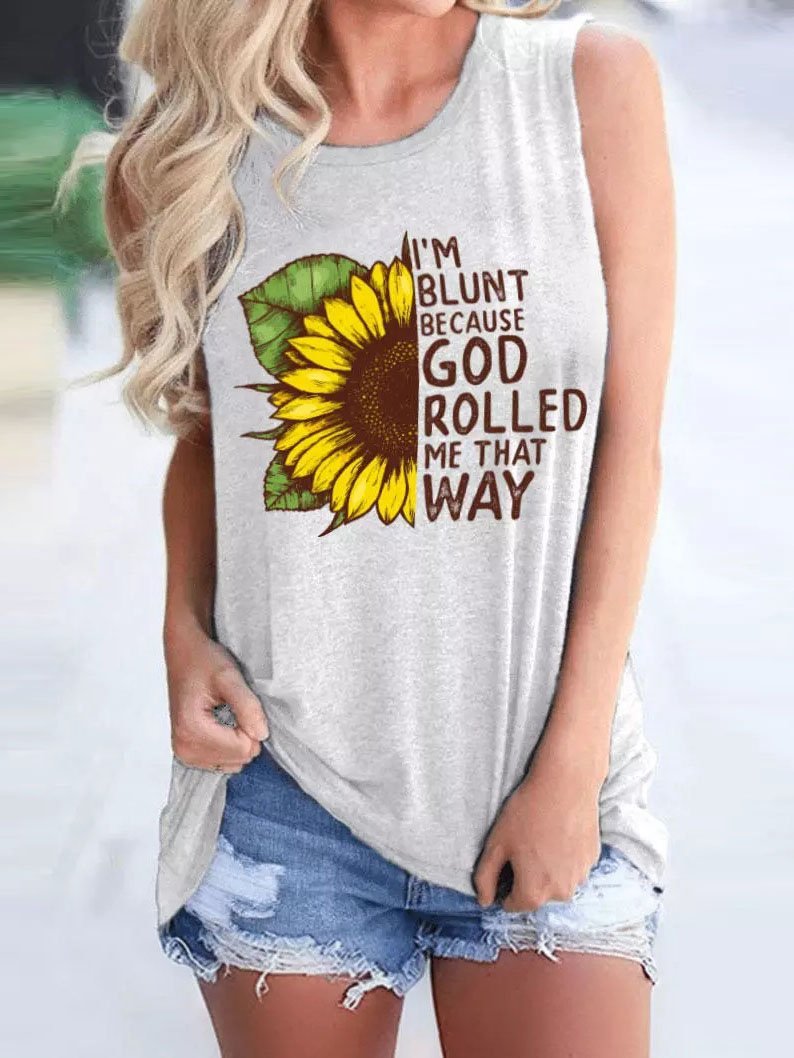 Sunflower Print Round Neck Sleeveless Tank Top - LuckyFash™