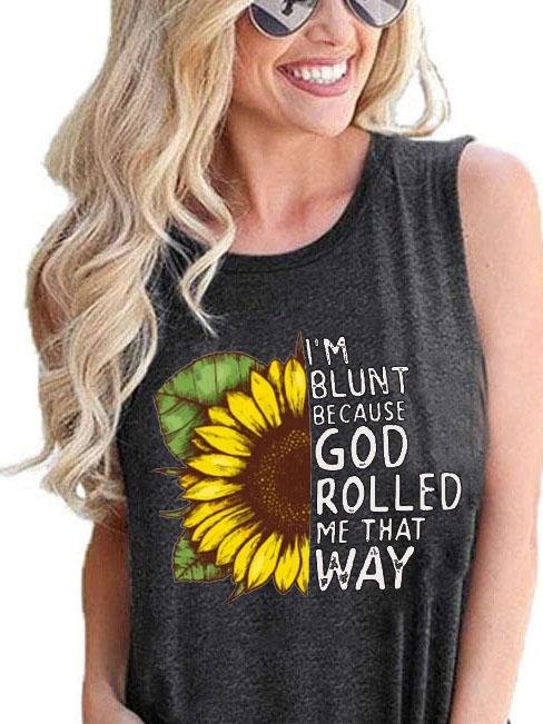 Sunflower Print Round Neck Sleeveless Tank Top - LuckyFash™