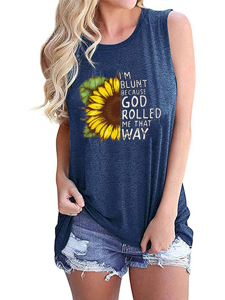 Sunflower Print Round Neck Sleeveless Tank Top - LuckyFash™
