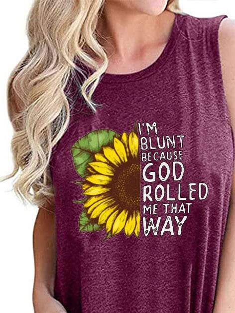 Sunflower Print Round Neck Sleeveless Tank Top - LuckyFash™