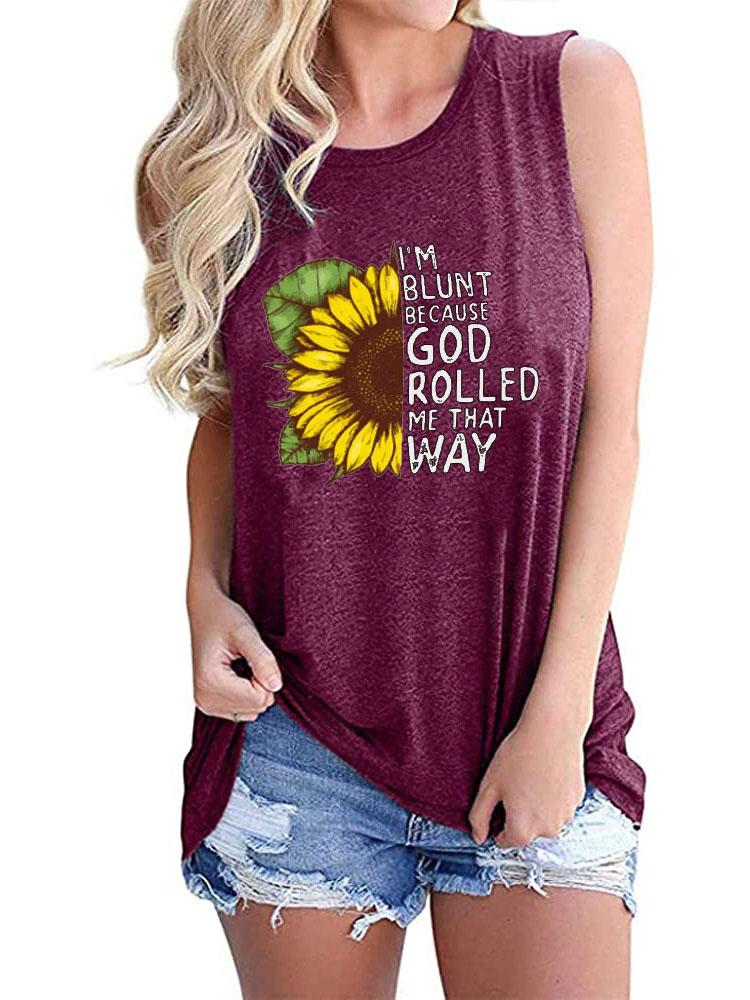 Sunflower Print Round Neck Sleeveless Tank Top - LuckyFash™