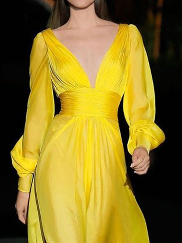 Women‘s Party Dress Wedding Guest Dress Long Dress Maxi Dress Yellow Red Long Sleeve Pure Color Patchwork Winter Fall Autumn V Neck Fashion Winter Dress Evening Party Slim 2023 S M L XL 2XL 3XL - LuckyFash™