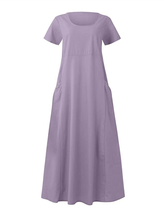 Cotton Linen Dress Casual Dress Swing Dress Maxi long Dress Linen Cotton Blend Fashion Classic Outdoor Daily Vacation Crew Neck Pocket Short Sleeve Summer Spring Loose Fit Black Pink Sky for Women - LuckyFash™