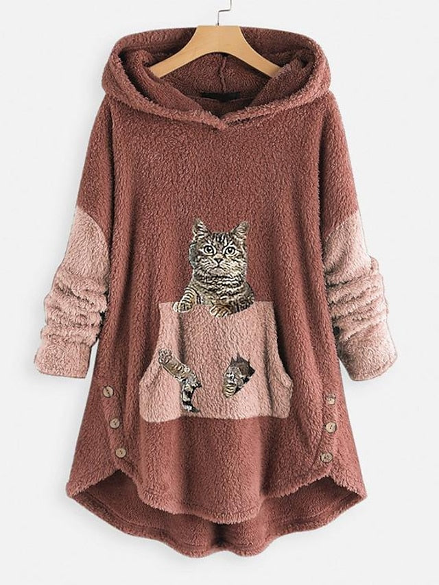 Fleece Hoodie Green Pink Grey Hooded Cat 3D Front Pocket Print Casual Streetwear 3D Print Fleece Active Fuzzy Clothing Apparel Hoodies Sweatshirts / Fleece lined for Women - LuckyFash™