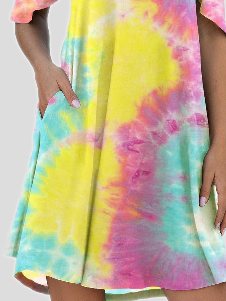 Tie-Dye Casual Off The Shoulder Ruffle Pocket Dress - LuckyFash™
