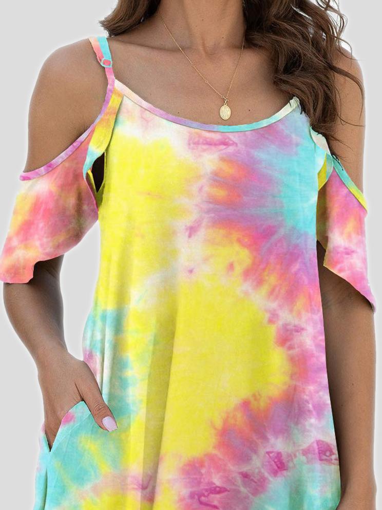 Tie-Dye Casual Off The Shoulder Ruffle Pocket Dress - LuckyFash™