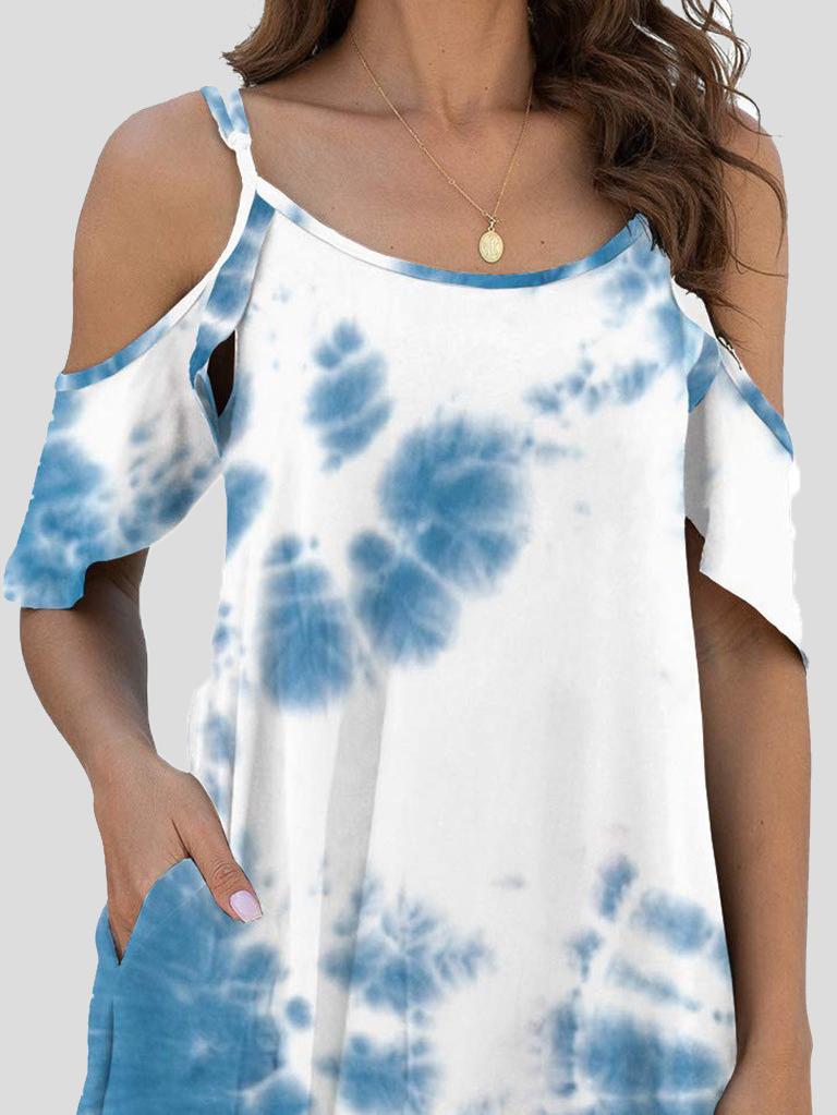 Tie-Dye Casual Off The Shoulder Ruffle Pocket Dress - LuckyFash™