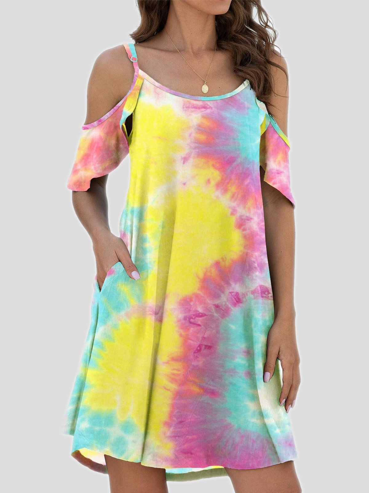 Tie-Dye Casual Off The Shoulder Ruffle Pocket Dress - LuckyFash™