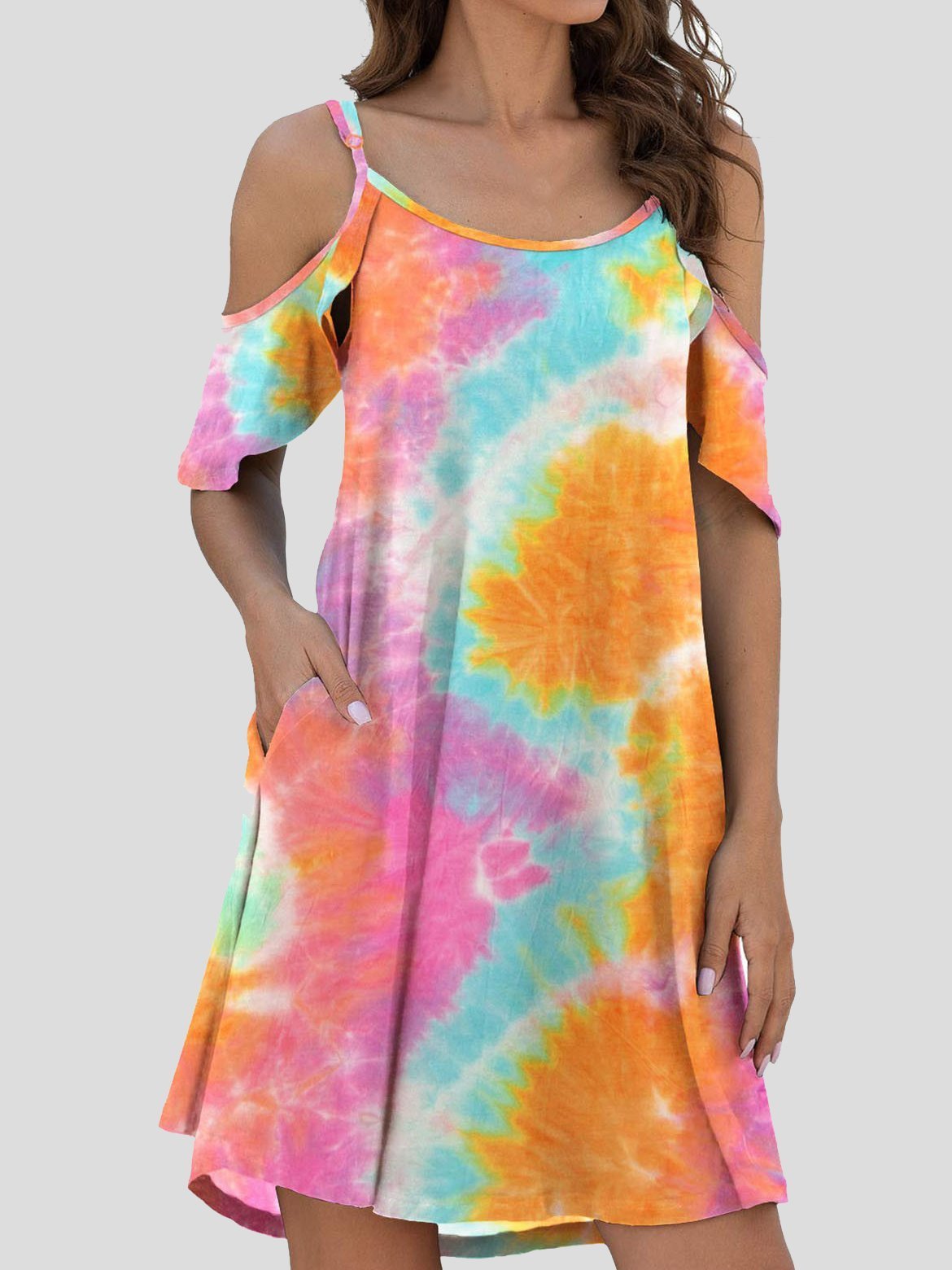 Tie-Dye Casual Off The Shoulder Ruffle Pocket Dress - LuckyFash™