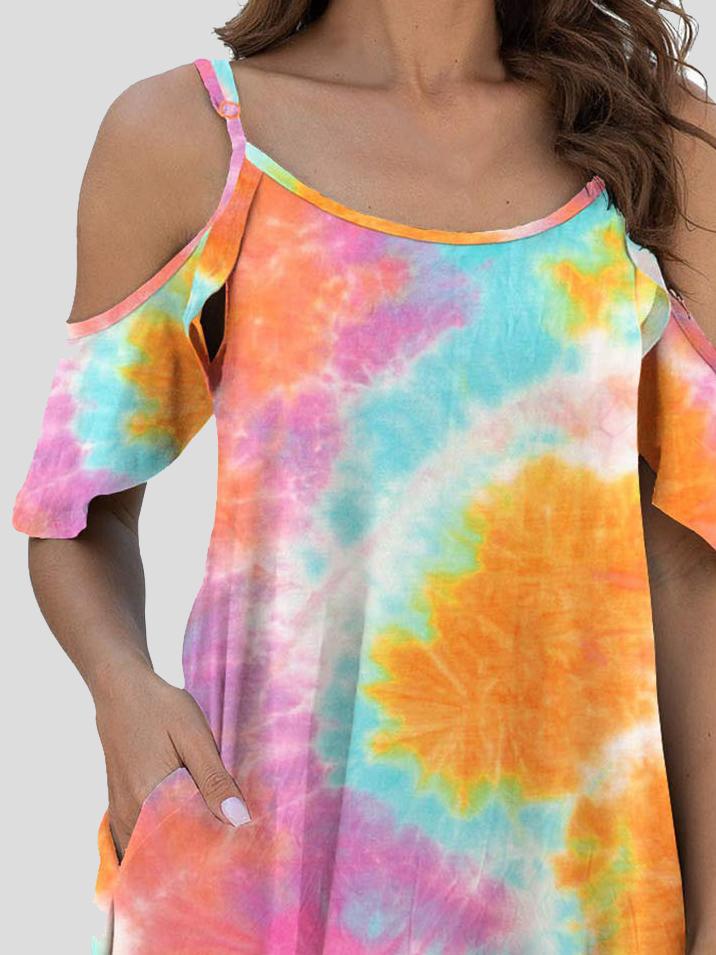 Tie-Dye Casual Off The Shoulder Ruffle Pocket Dress - LuckyFash™