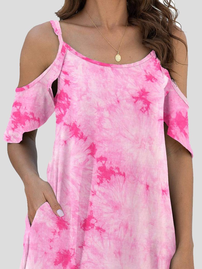 Tie-Dye Casual Off The Shoulder Ruffle Pocket Dress - LuckyFash™