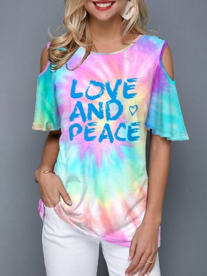 Tie-dye Off-shoulder Letter Print T-shirt - LuckyFash™