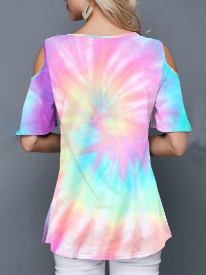 Tie-dye Off-shoulder Letter Print T-shirt - LuckyFash™