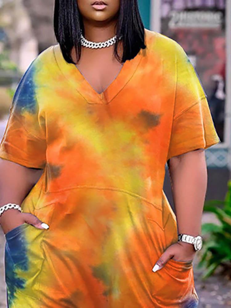 Tie Dye Print Pocket Design Short Sleeve Jumpsuit - LuckyFash™