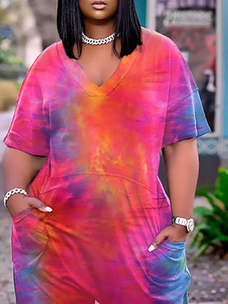 Tie Dye Print Pocket Design Short Sleeve Jumpsuit - LuckyFash™