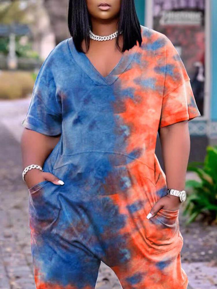 Tie Dye Print Pocket Design Short Sleeve Jumpsuit - LuckyFash™