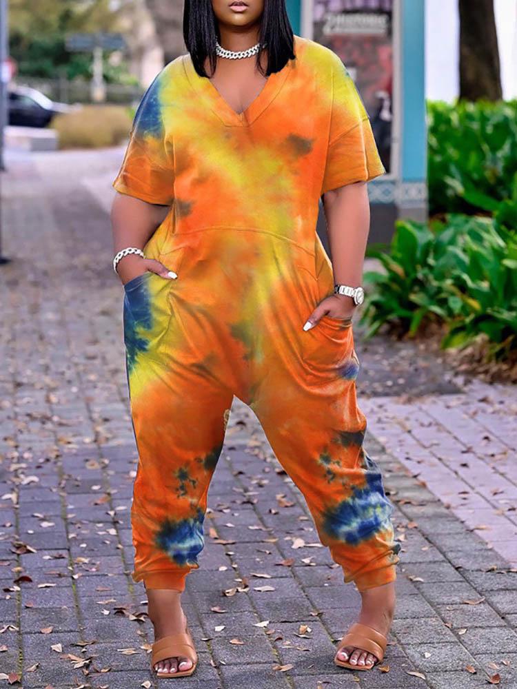 Tie Dye Print Pocket Design Short Sleeve Jumpsuit - LuckyFash™