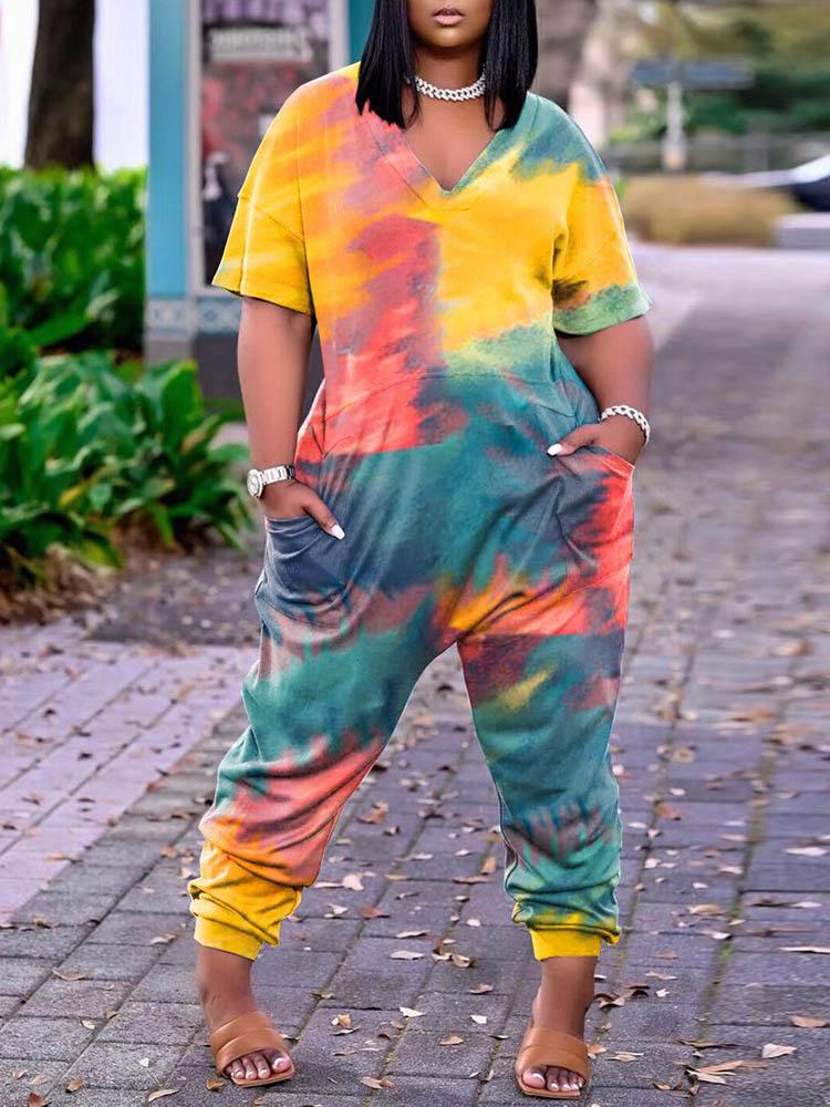 Tie Dye Print Pocket Design Short Sleeve Jumpsuit - LuckyFash™