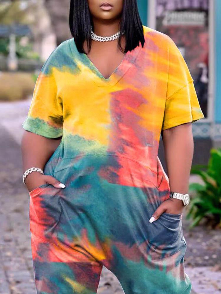 Tie Dye Print Pocket Design Short Sleeve Jumpsuit - LuckyFash™